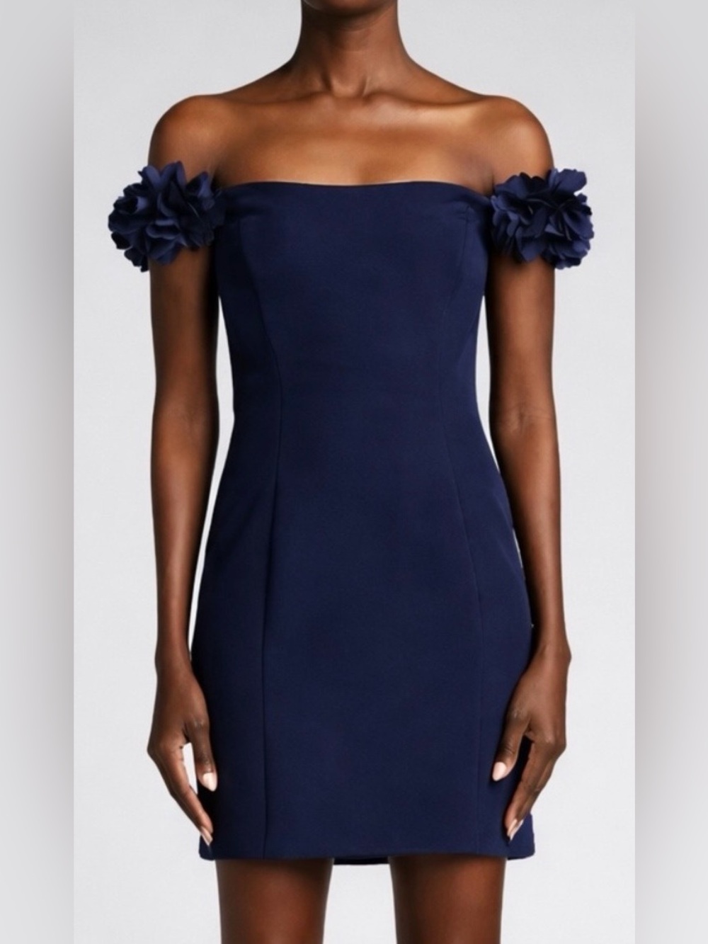 Marchesa Notte Floral Appliqu Off Shoulder Navy Cocktail Mini Dress 8
